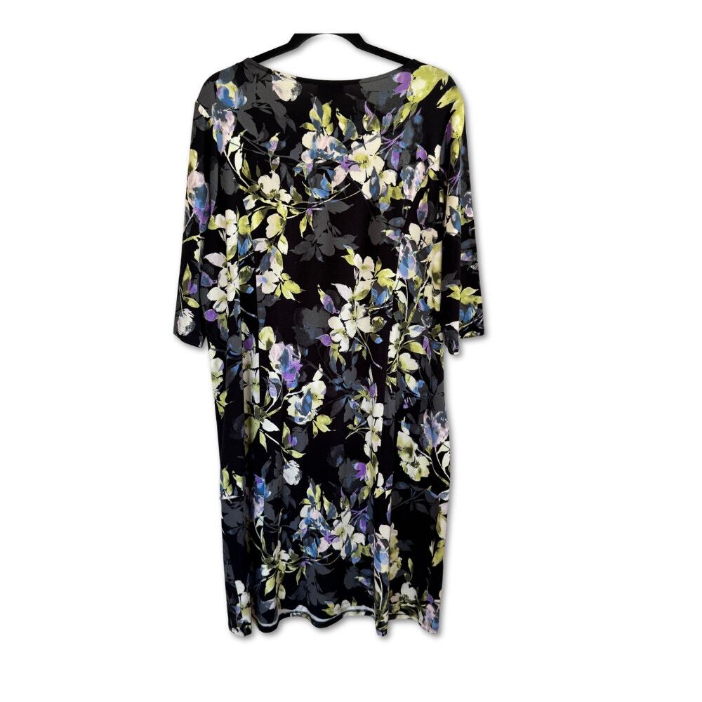J.Jill Stretch Dress Black Yellow Purple Floral Round Neck Half Sleeve Sz 2X